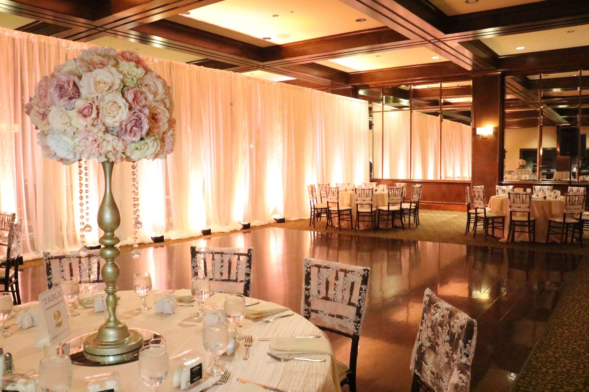 Arden Hills Resort Heritage Room Wedding Sacramento Blush Uplighting Brighten Up Event Lighting