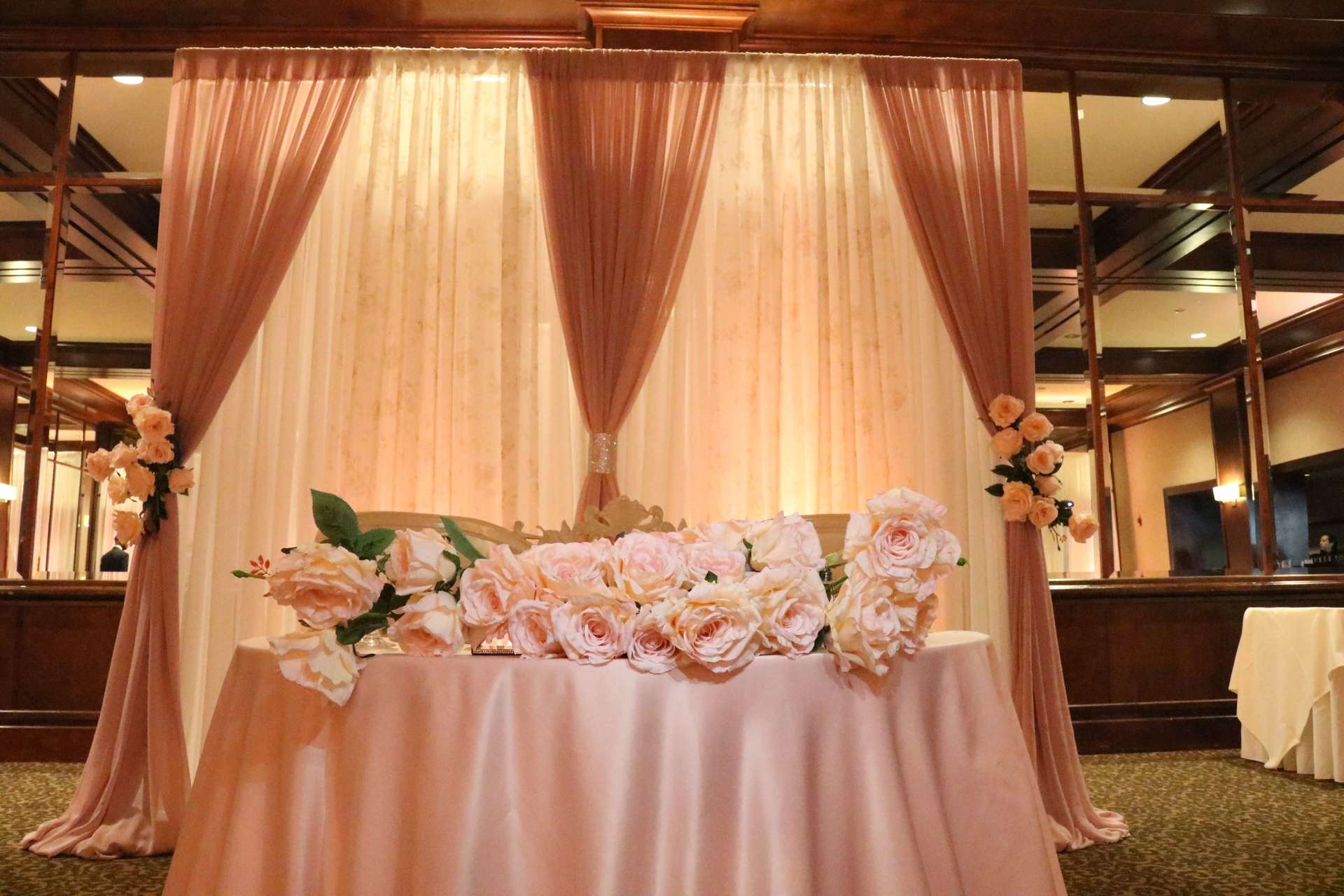 Arden Hills Resort Heritage Room Wedding Sacramento Blush Romantic Uplighting Brighten Up Event Lighting