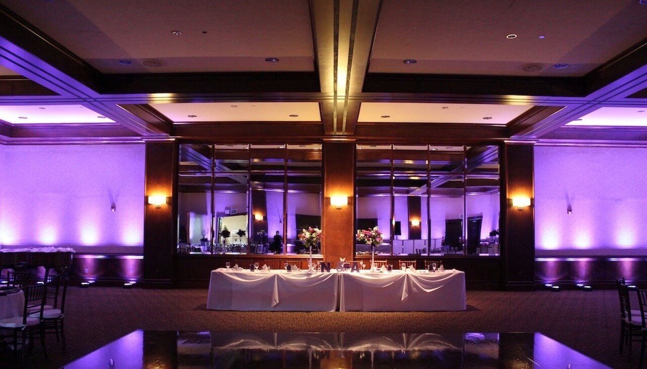 Arden Hills Resort Heritage Room Wedding Sacramento Uplighting Deep Purple Brighten Up Event Lighting