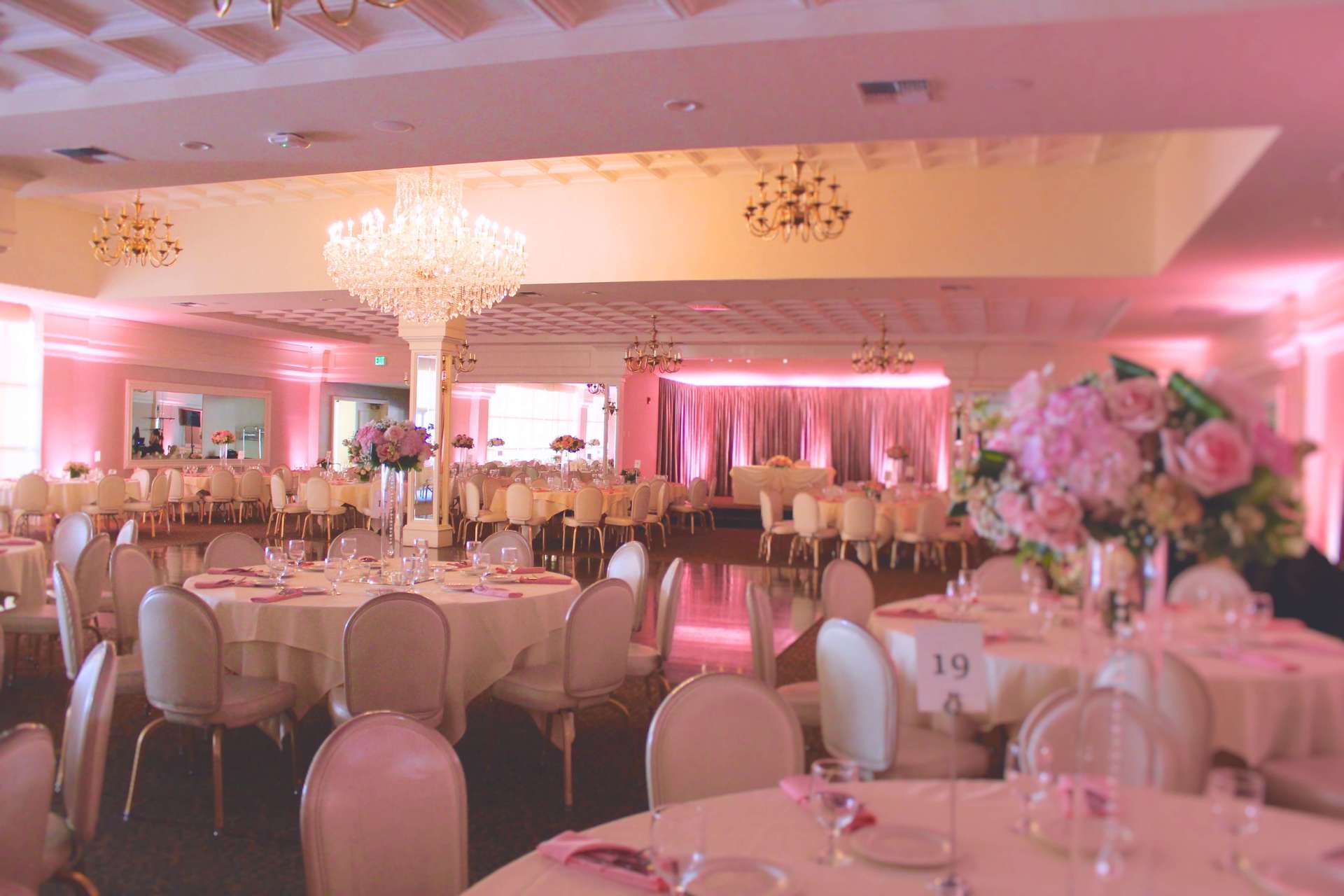 Arden Hills Resort Gold Room Wedding Sacramento Uplighting Soft Baby Pink Brighten Up Event Lighting