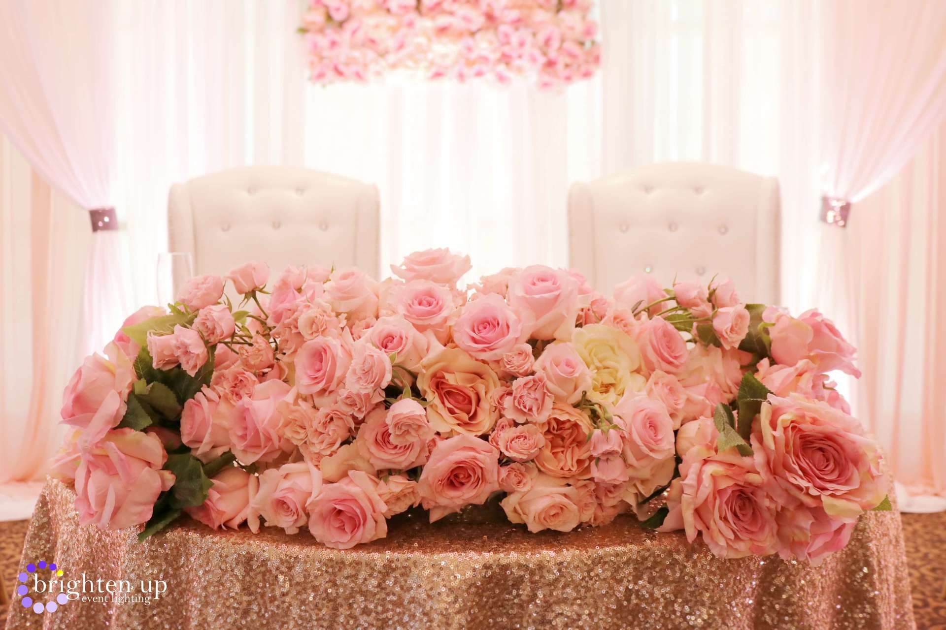 Arden Hills Resort Wedding Sacramento Uplighting Brighten Up Event Lighting White Pink Head Table