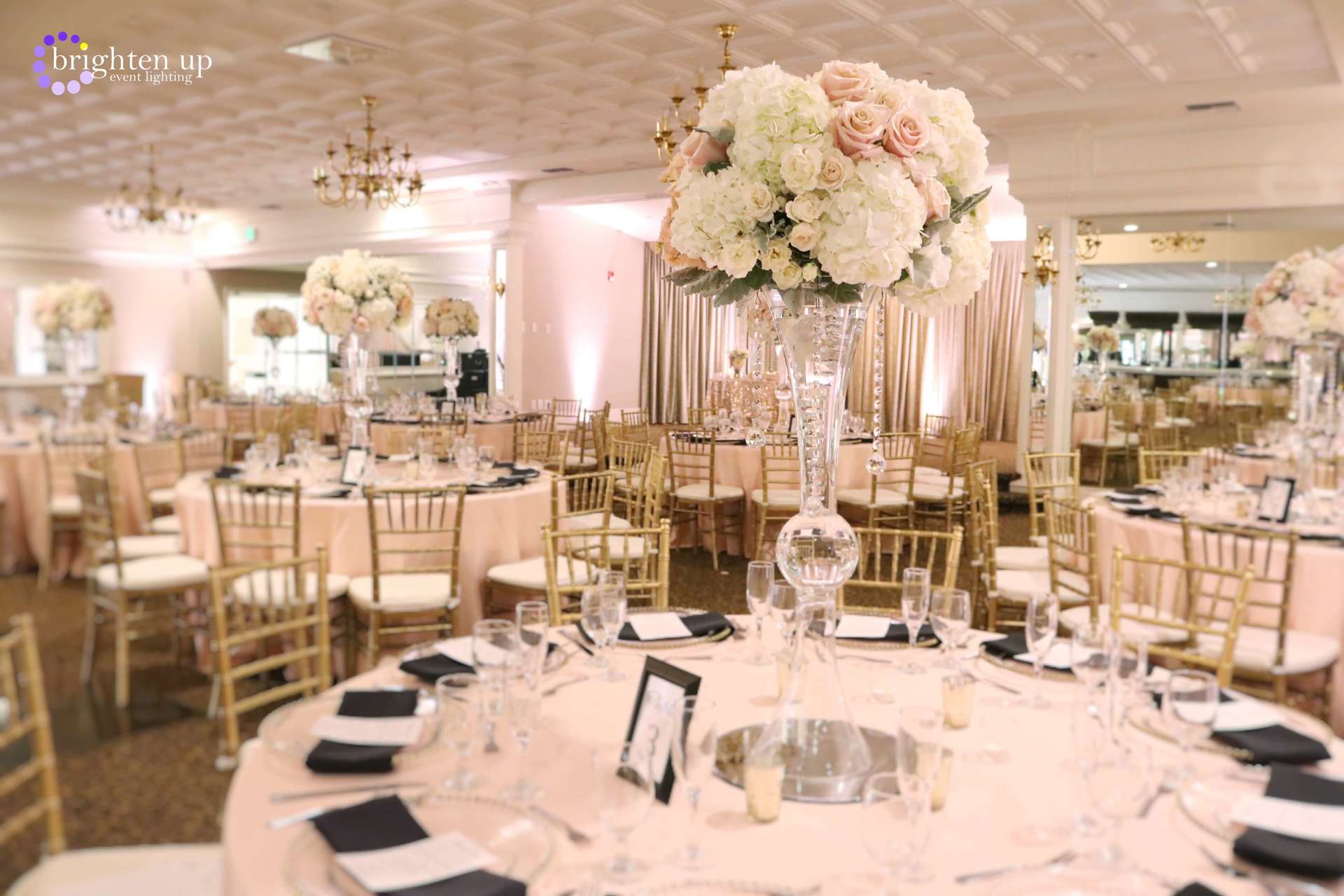 arden hills resort sacramento wedding uplighting blush centerpiece