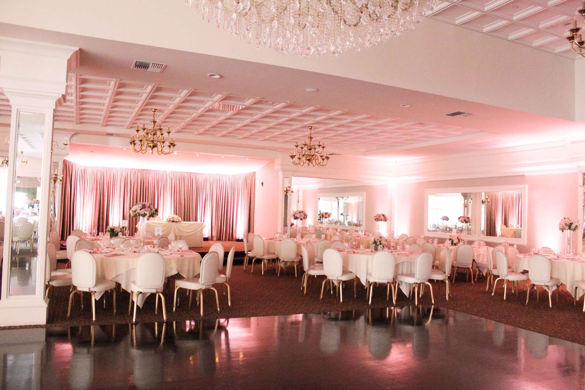 Arden Hills Resort Gold Room Wedding Sacramento Uplighting Blush Baby Pink Brighten Up Event Lighting