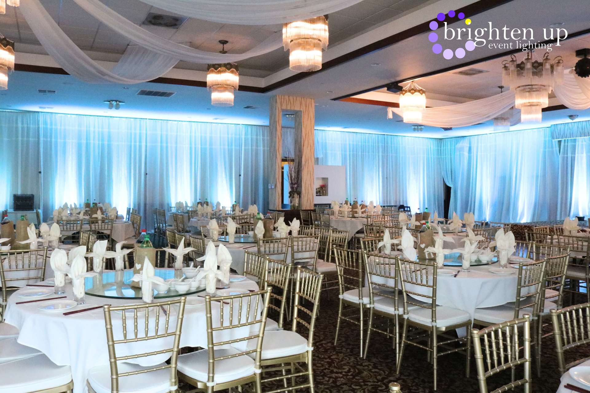 Asian Pearl Restaurant East Terrace Room Wedding Sacramento Sky Blue Uplighting Brighten Up Event Lighting