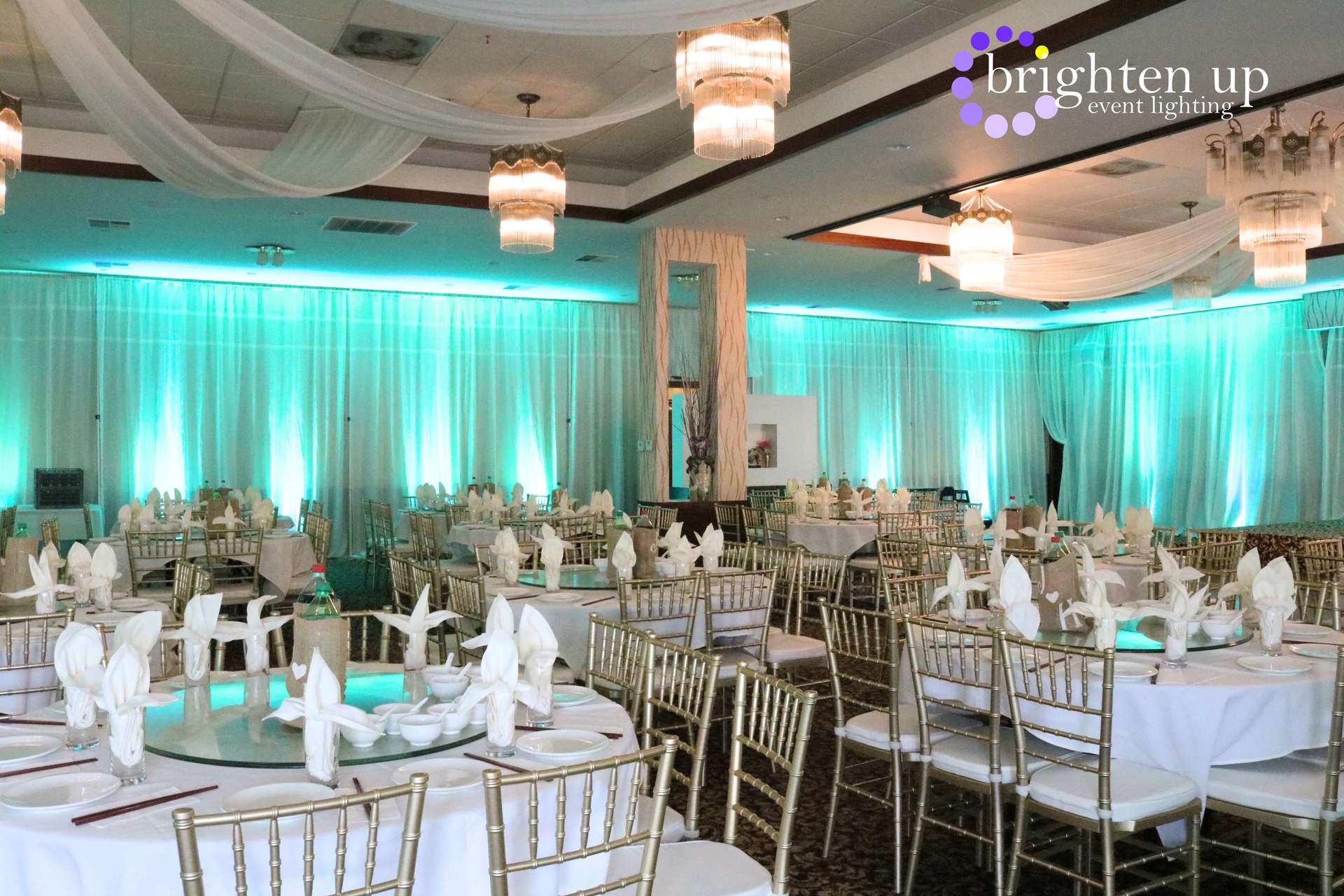 Asian Pearl Restaurant East Terrace Room Wedding Sacramento Tiffany Turquoise Uplighting Brighten Up Event Lighting