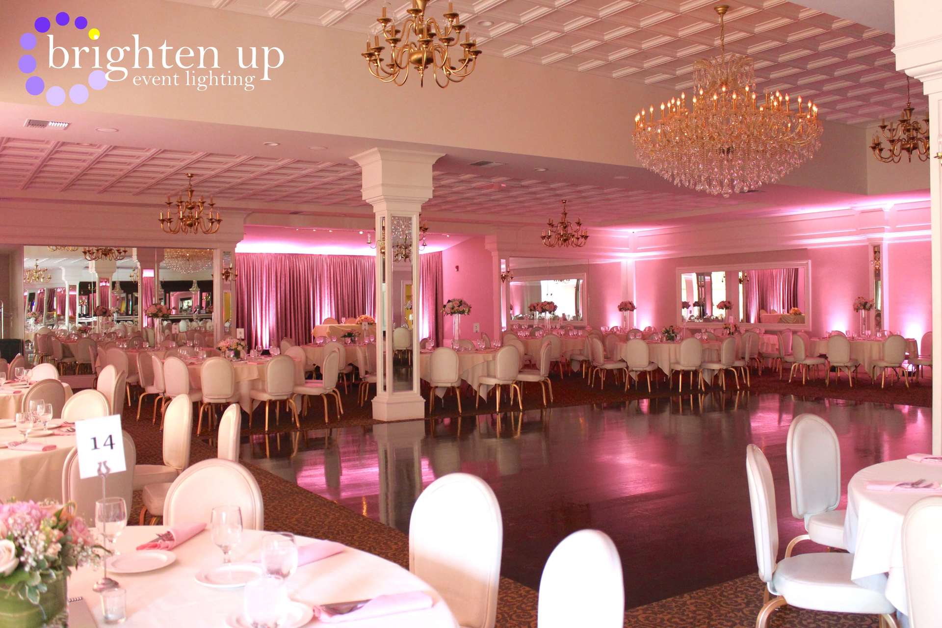 Arden Hills Resort Gold Room Wedding Sacramento Uplighting Soft Pink Centerpieces Brighten Up Event Lighting