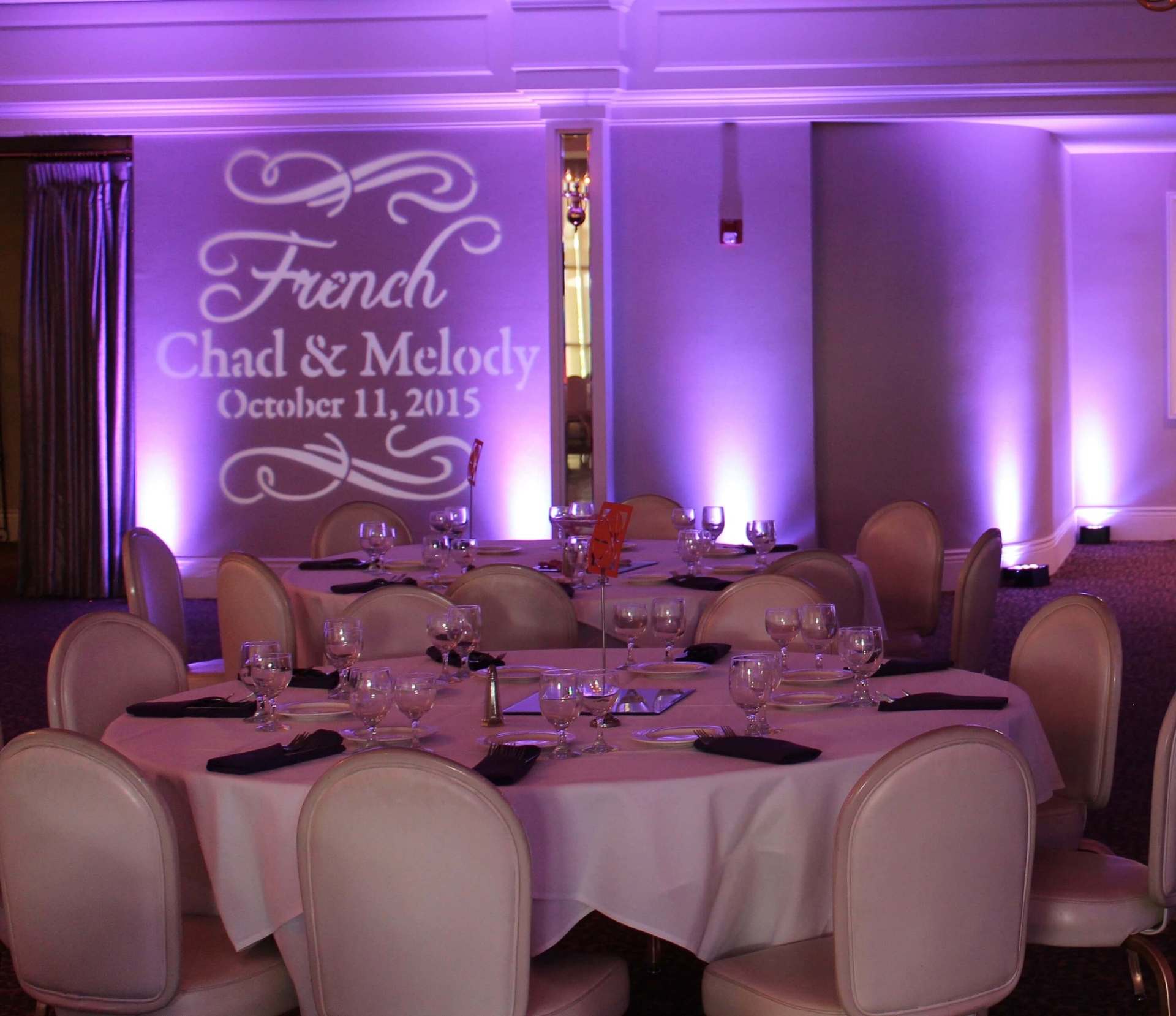 Arden Hills Resort Gold Room Wedding Sacramento Purple Uplighting Monogram Brighten Up Event Lighting