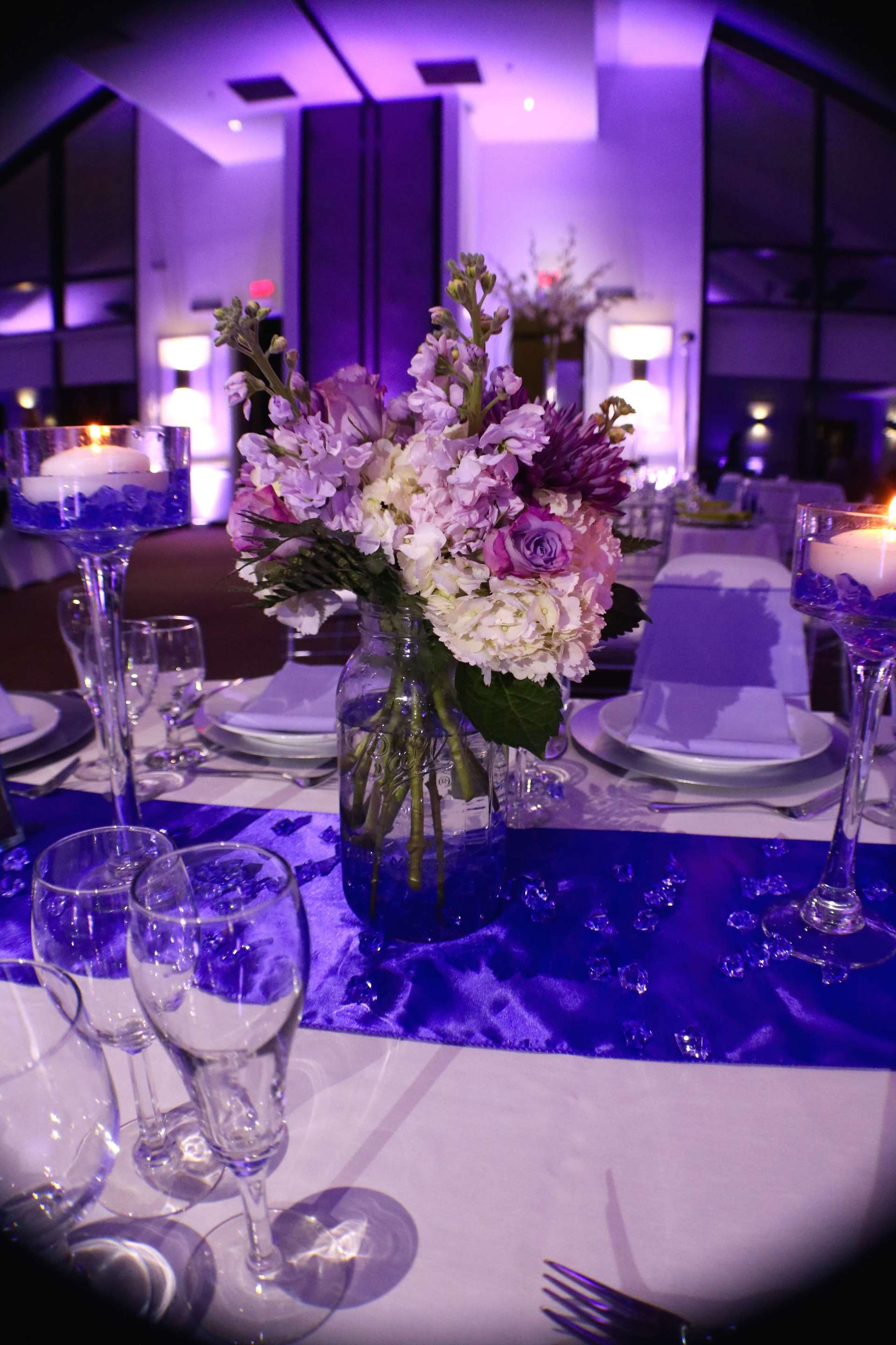 Clubhouse at Woodcreek Roseville Wedding Purple Centerpiece Uplighting Brighten Up Event Lighting