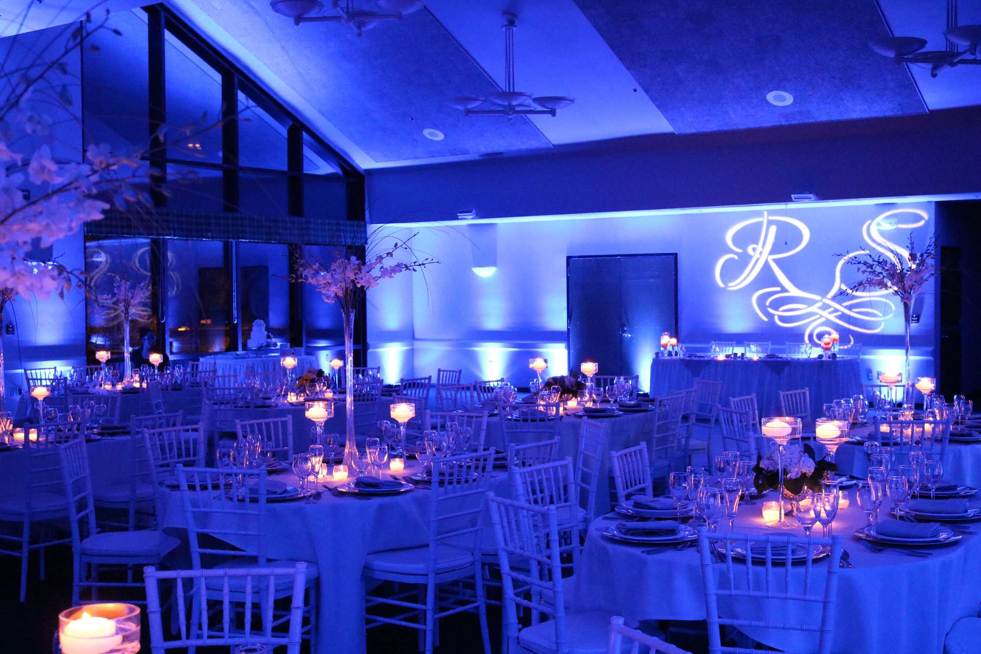 Woodcreek Roseville Wedding Royal Blue Uplighting Monogram Brighten Up Event Lighting