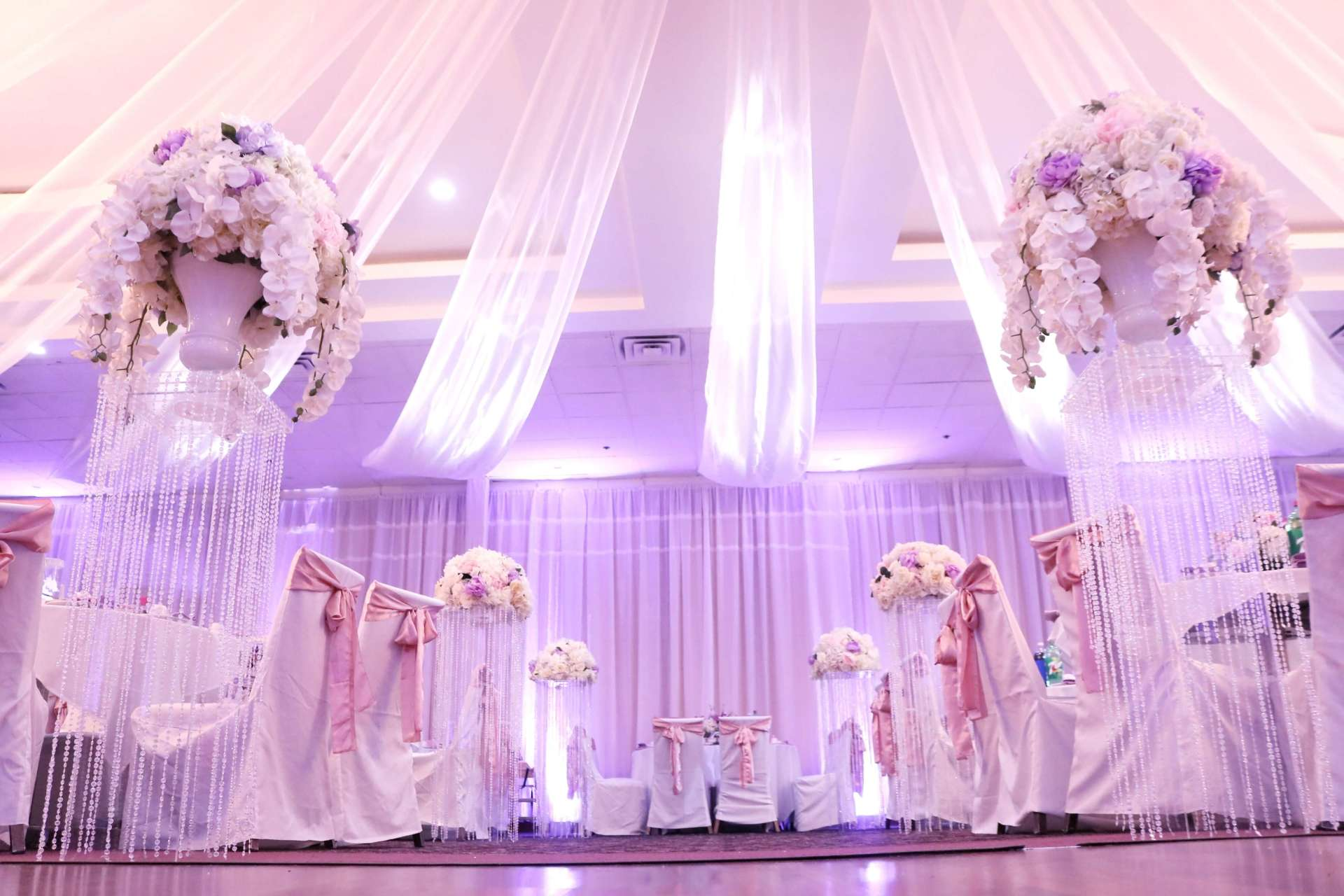 happy garden restaurant wedding lighting decor purple