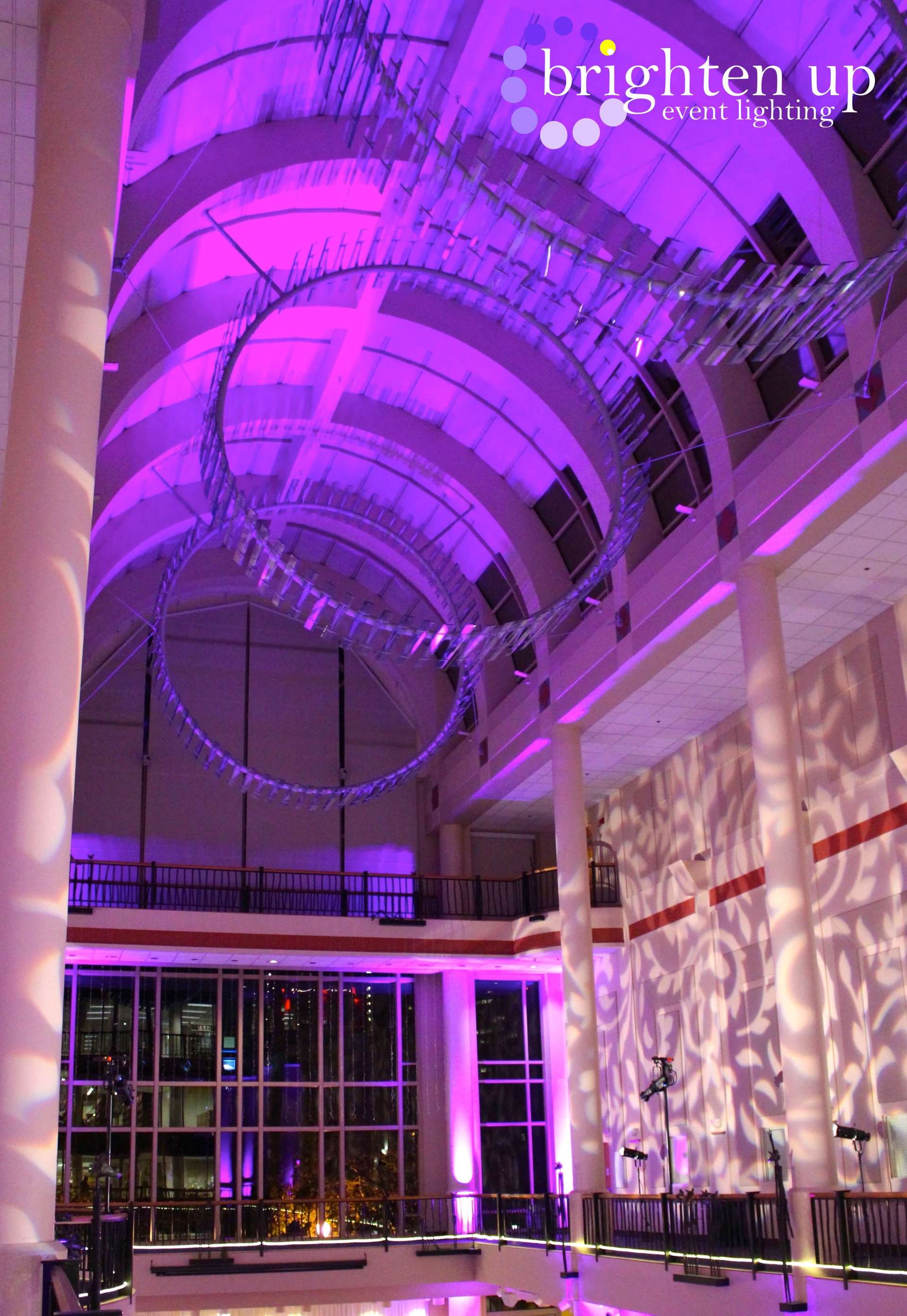 Tsakopoulos Library Galleria Wedding Uplighting Purple Fuchsia Design Lighting Brighten Up Event Lighting