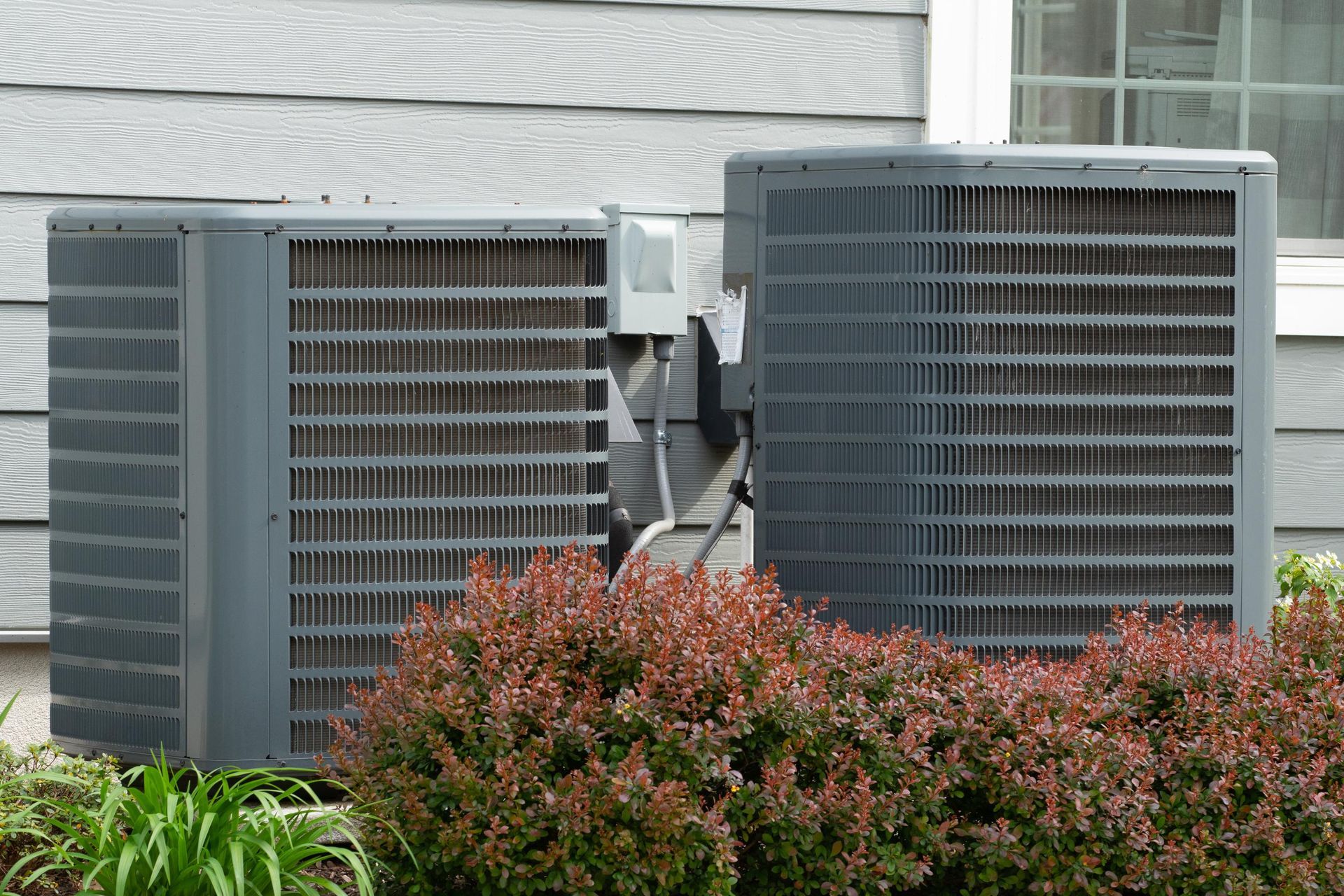 Two gray air conditioning units outside a house, surrounded by red bushes.