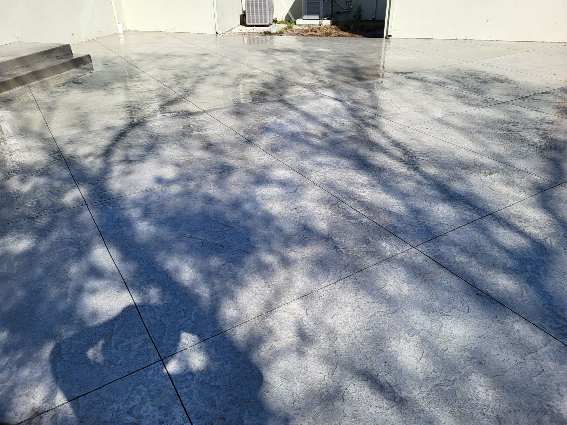 A concrete driveway with a shadow of a tree on it.