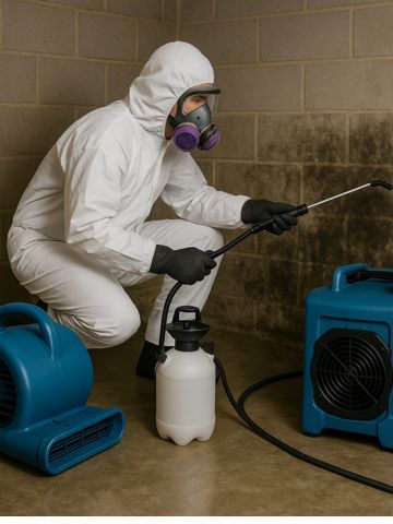 Protection of coronavirus biohazard. Men in respirators and protective suits cleaning public places