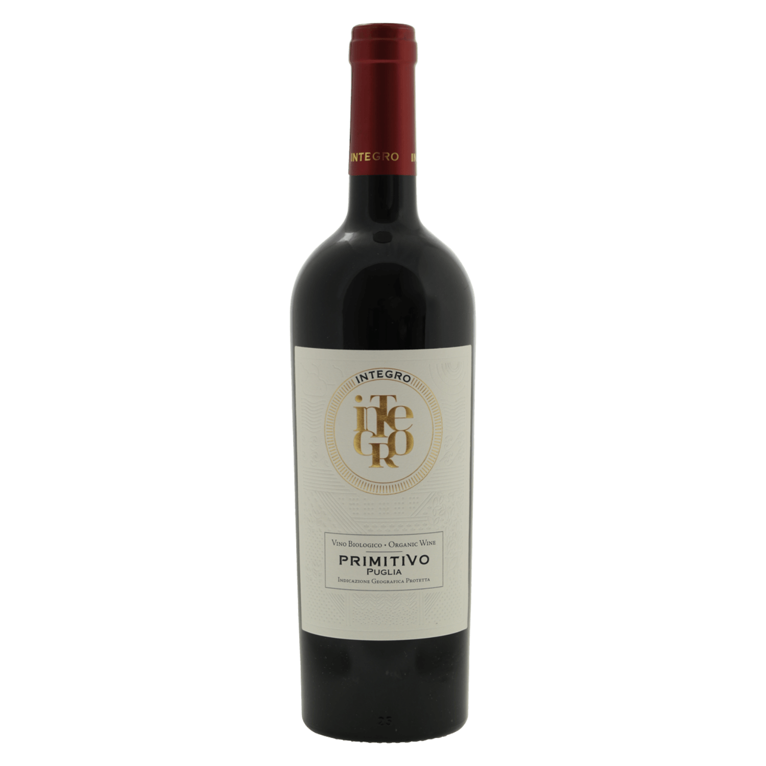 Rode wijn Primitivo uit Puglia Italië met stijlvol wit etiket en gouden logo, Italiaanse wijn
