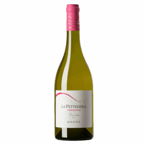 Witte wijn, Vermentino druif, Toscane Italië – La Pettegola wijn van Banfi met roze capsule en modern label
