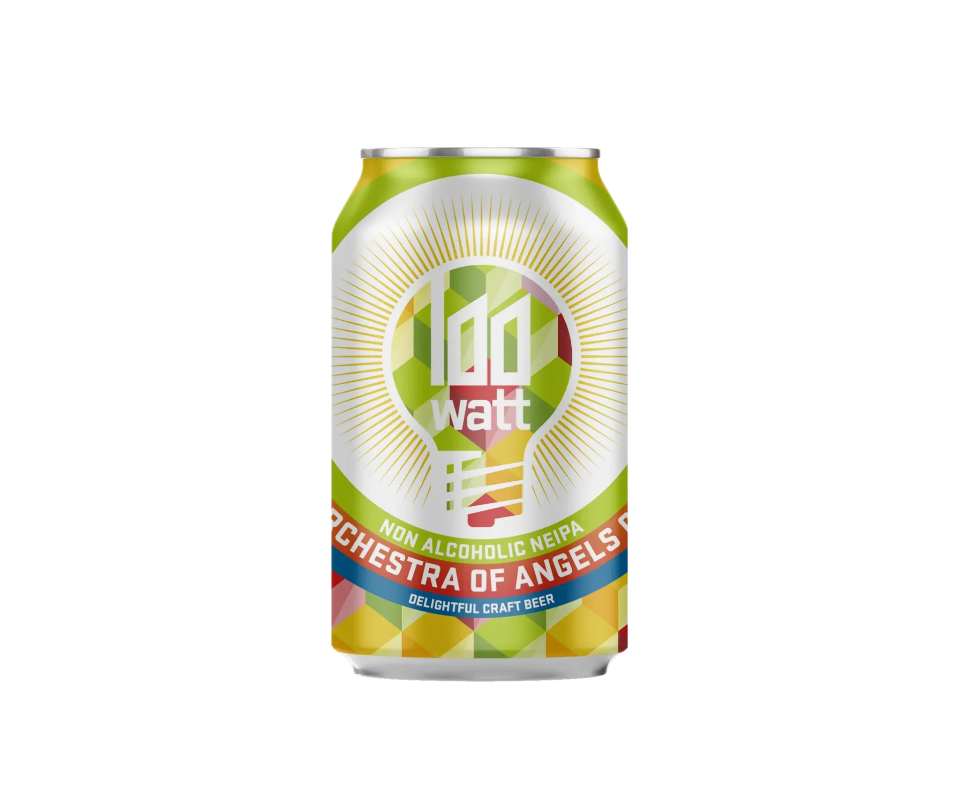 Blik Orchestra of Angels bier van 100 Watt – non-alcoholic NEIPA met  tropische tonen en zachte bitterheid, verfrissend bier.