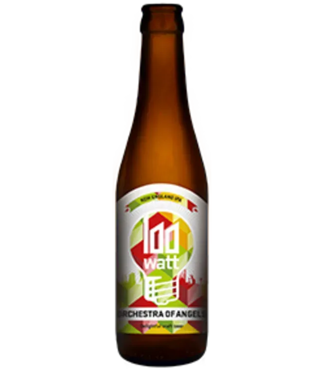 Bruine fles Orchestra of Angels bier van 100 Watt, kleurrijk etiket met frisse New Zealand IPA bier vol tropisch hopkarakter.