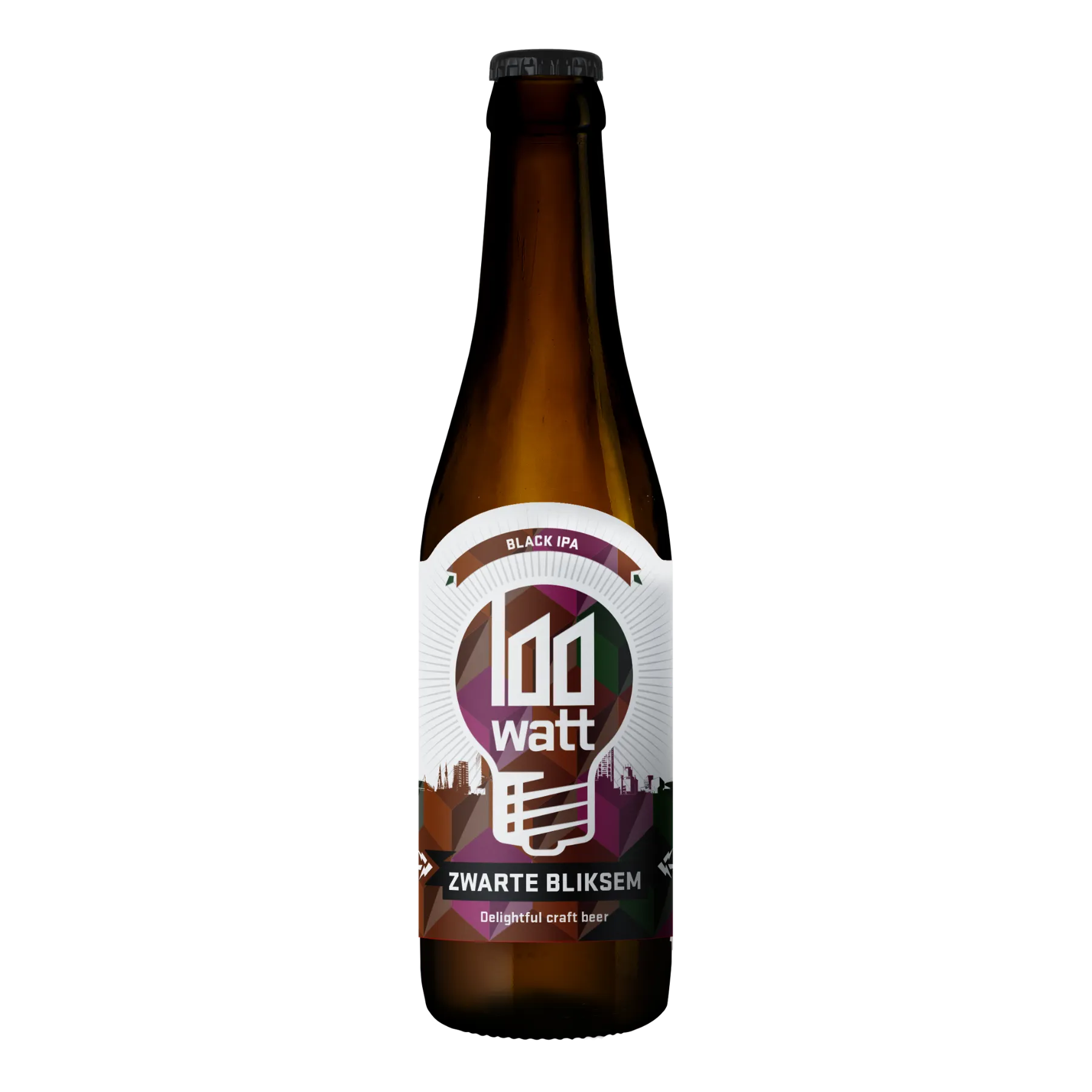 Bruine fles Zwarte Bliksem bier van 100 Watt, stoere Black IPA met donkere moutkleur, stevige stijl en hoppig bier karakter.
