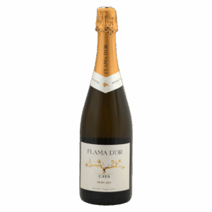 Mousserende wijn uit Spanje, Flama d’Or Cava Semi Seco in groene fles met goudkleurige capsule en wit etiket