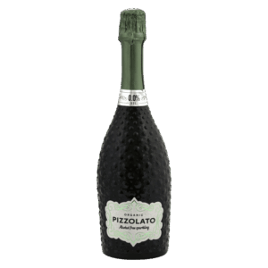Alcoholvrije mousserende wijn uit Italië, Pizzolato Organic 0.0 in donkergroene reliëffles met zachtgroen etiket
