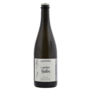 Mousserende wijn uit Frankrijk, Les Petites Bulles Blanc de Noirs pét-nat met wit etiket en kroonkurk