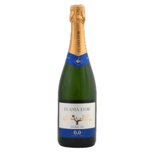 Alcoholvrije mousserende wijn, Flama d’Or Sparkling 0.0 in groene fles met blauw-gouden etiket en kurk