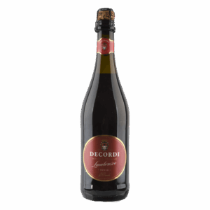 Mousserende rode wijn uit Italië, Decordi Lambrusco Rosso in donkere fles met rood etiket en gouden details