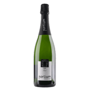 Mousserende wijn uit Spanje, Portium Cava Brut in groene fles met zwart-wit etiket en elegante uitstraling