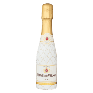 Mousserende wijn uit Frankrijk, mini fles Veuve du Vernay Ice met witte luxe uitstraling en gouden capsule