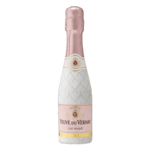 Mousserende rosé wijn uit Frankrijk, mini fles Veuve du Vernay Ice Rosé met witte parelmoerlook en roze capsule