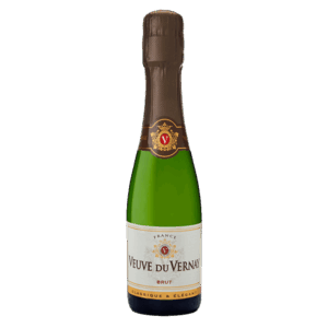Mousserende wijn uit Frankrijk, Veuve du Vernay Brut in kleine fles met goudbruin etiket en klassieke uitstraling