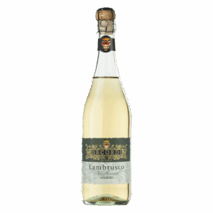 Mousserende witte wijn uit Italië, Decordi Lambrusco in elegante fles met sierlijk zwart-wit etiket en kurk