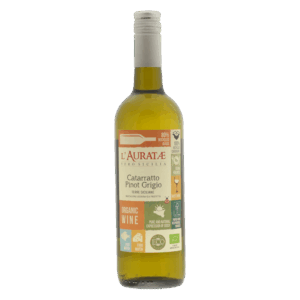 Italiaanse wijn van Catarratto en Pinot Grigio uit Sicilië, L’Auratae met bont etiket en frisse witte wijn met bio-keurmerken