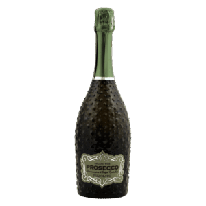 Mousserende wijn uit Italië, Prosecco Spumante in donkergroene reliëffles met sierlijk etiket en groene capsule