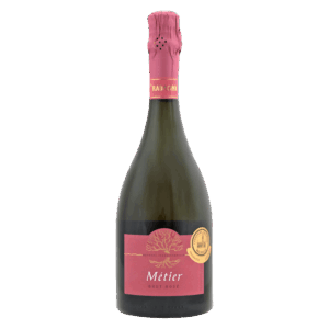 Mousserende rosé wijn uit Italië, Métier Brut Rosé in bolle fles met donkerrood etiket en gouden medaille