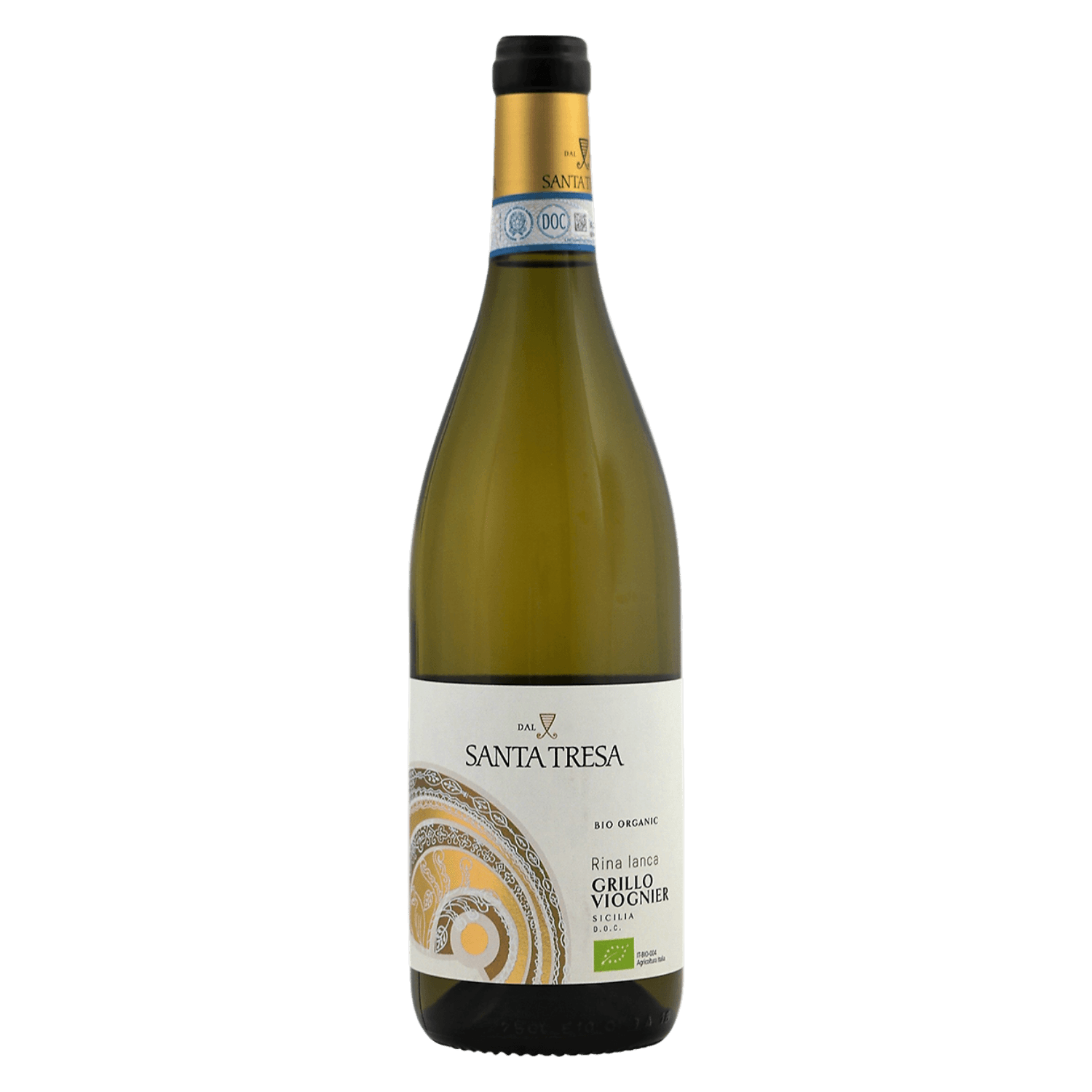 Italiaanse wijn van Grillo en Viognier uit Sicilië, Santa Tresa Rina Ianca met  etiket en frisse witte wijn met kruidigheid