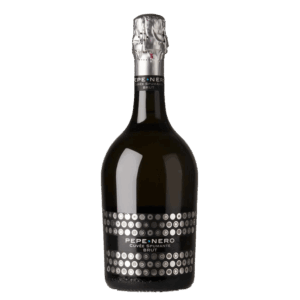 Mousserende wijn uit Italië, Pepe Nero Cuvée Brut in zwarte bolle fles met zilveren bolletjes en moderne uitstraling