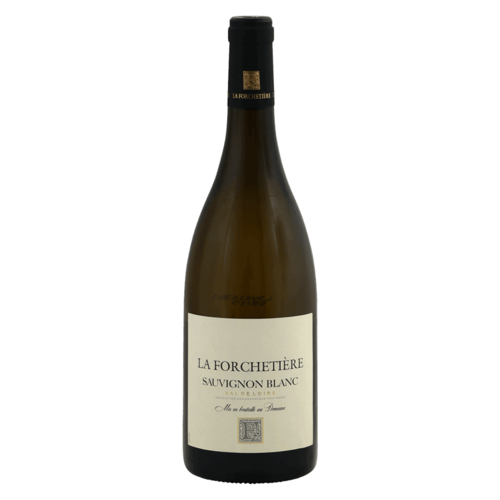 Franse wijn van Sauvignon Blanc uit Val de Loire, La Forchetière met wit etiket en frisse witte wijn met citrus en mineralen