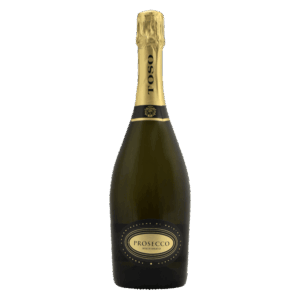 Mousserende wijn uit Italië, Toso Prosecco in donkere fles met goudkleurig etiket en capsule, frisse bubbelwijn