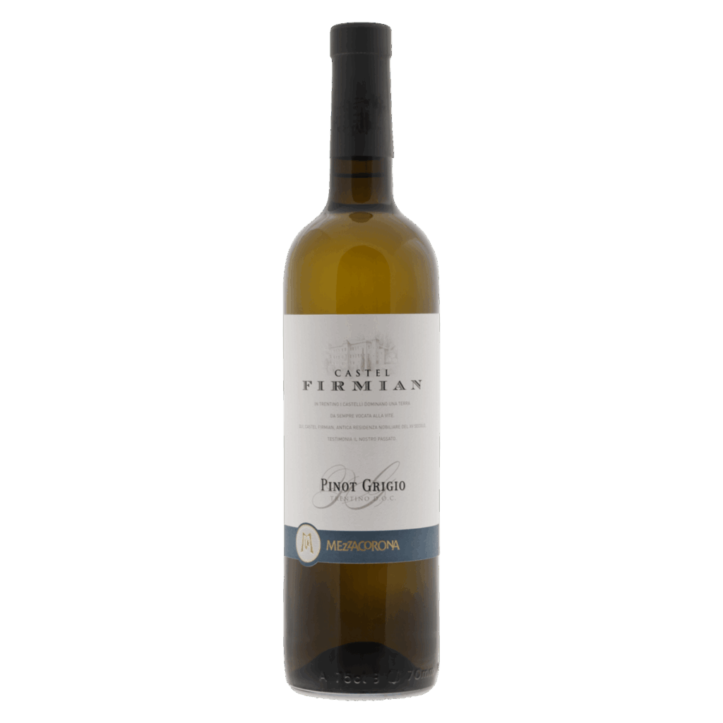 Italiaanse wijn van Pinot Grigio uit Trentino, Castel Firmian met wit etiket en frisse witte wijn met fruitige elegantie