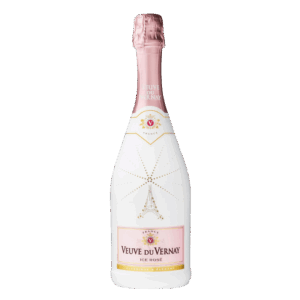 Mousserende rosé wijn uit Frankrijk, Veuve du Vernay Ice Rosé in witte fles met roze folie en elegant design