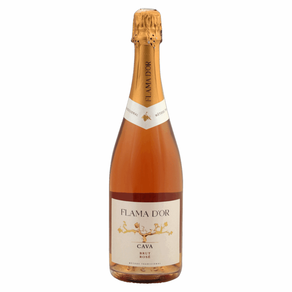 Mousserende rosé wijn uit Spanje, Flama d’Or Cava Brut Rosé met gouden folie en traditioneel etiket