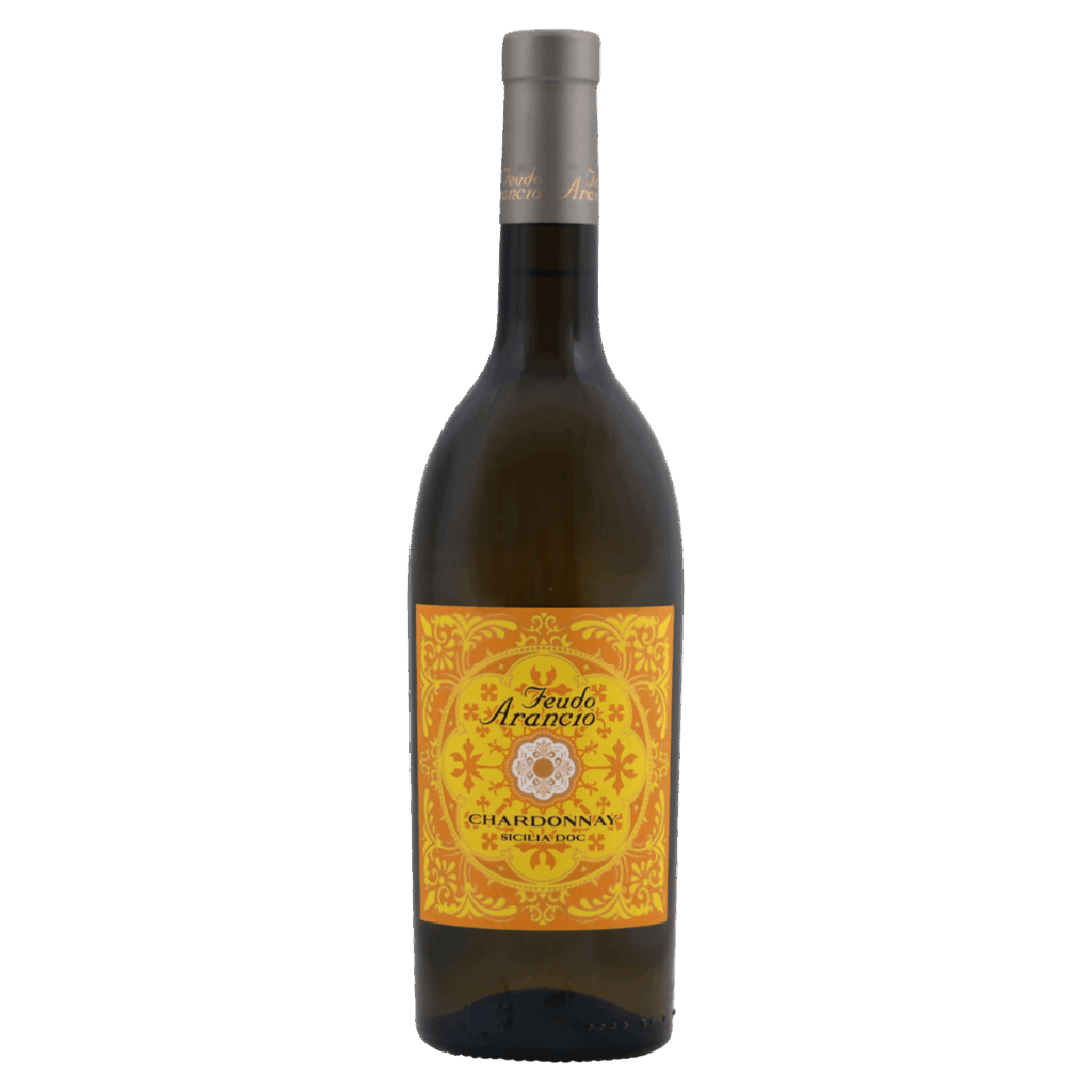 Italiaanse wijn van Chardonnay uit Sicilië, Feudo Arancio met geel sieretiket en volle witte wijn met tropisch fruit