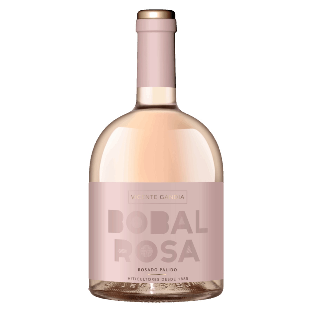 Rosé wijn van Bobal druif uit Spanje, frisse wijn met aardbei en bloemen, Spaanse rosé wijn in opvallende ronde fles.