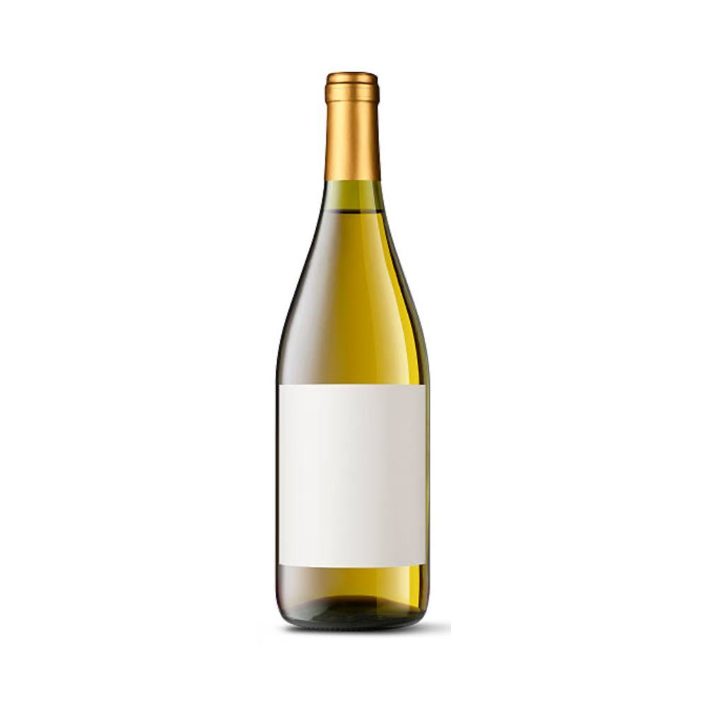 Witte wijn in fles met goudkleurige capsule en blanco etiket, stijlvolle wijnpresentatie voor diverse witte wijnsoorten.