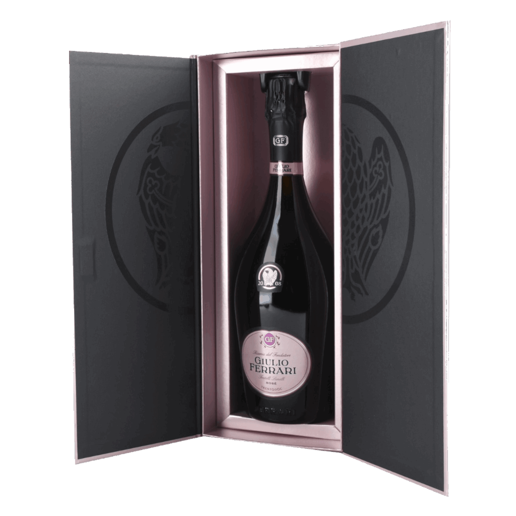 Giulio Ferrari Rosé wijn in luxe zwarte geschenkdoos met roze accenten – feestelijke mousserende wijn cadeauverpakking