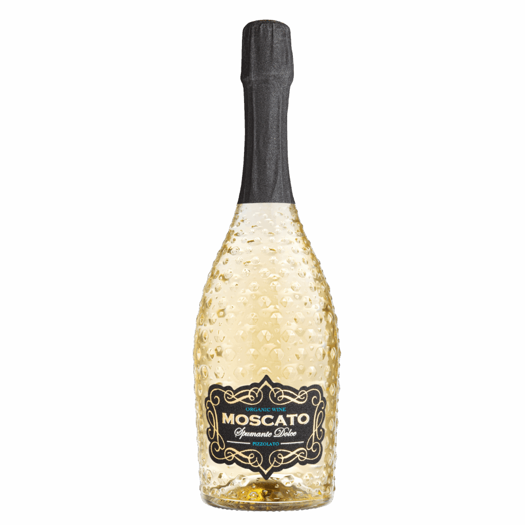 Witte wijn – Pizzolato Moscato Spumante Dolce wijn uit Italië met zwarte folie en glanzende fles met parelstructuur