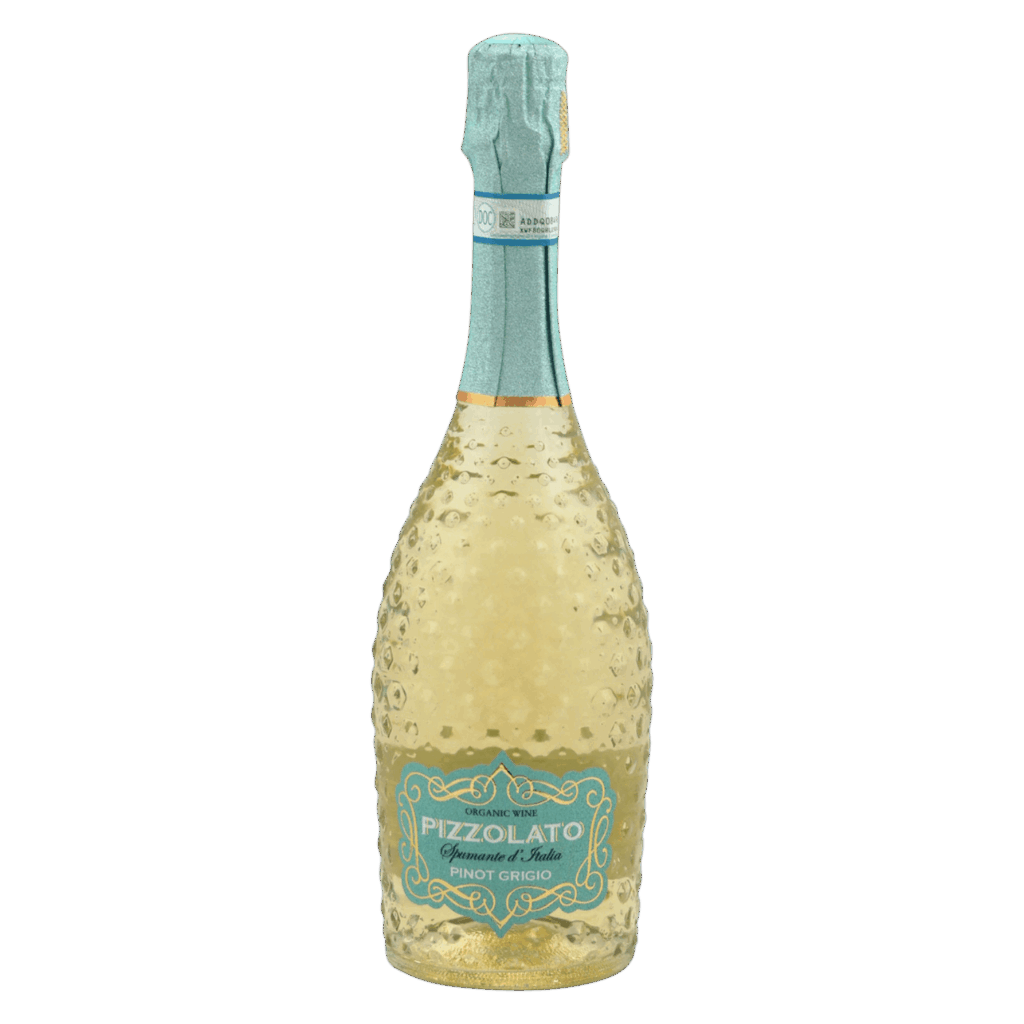 Witte wijn – Pizzolato Spumante Pinot Grigio wijn uit Italië in glanzende bubbelfles met turquoise etiket