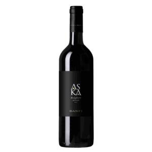 Italiaanse wijn uit Bolgheri Toscane, Aska van Banfi met zwart etiket en volle rode wijn van Cabernet en Merlot